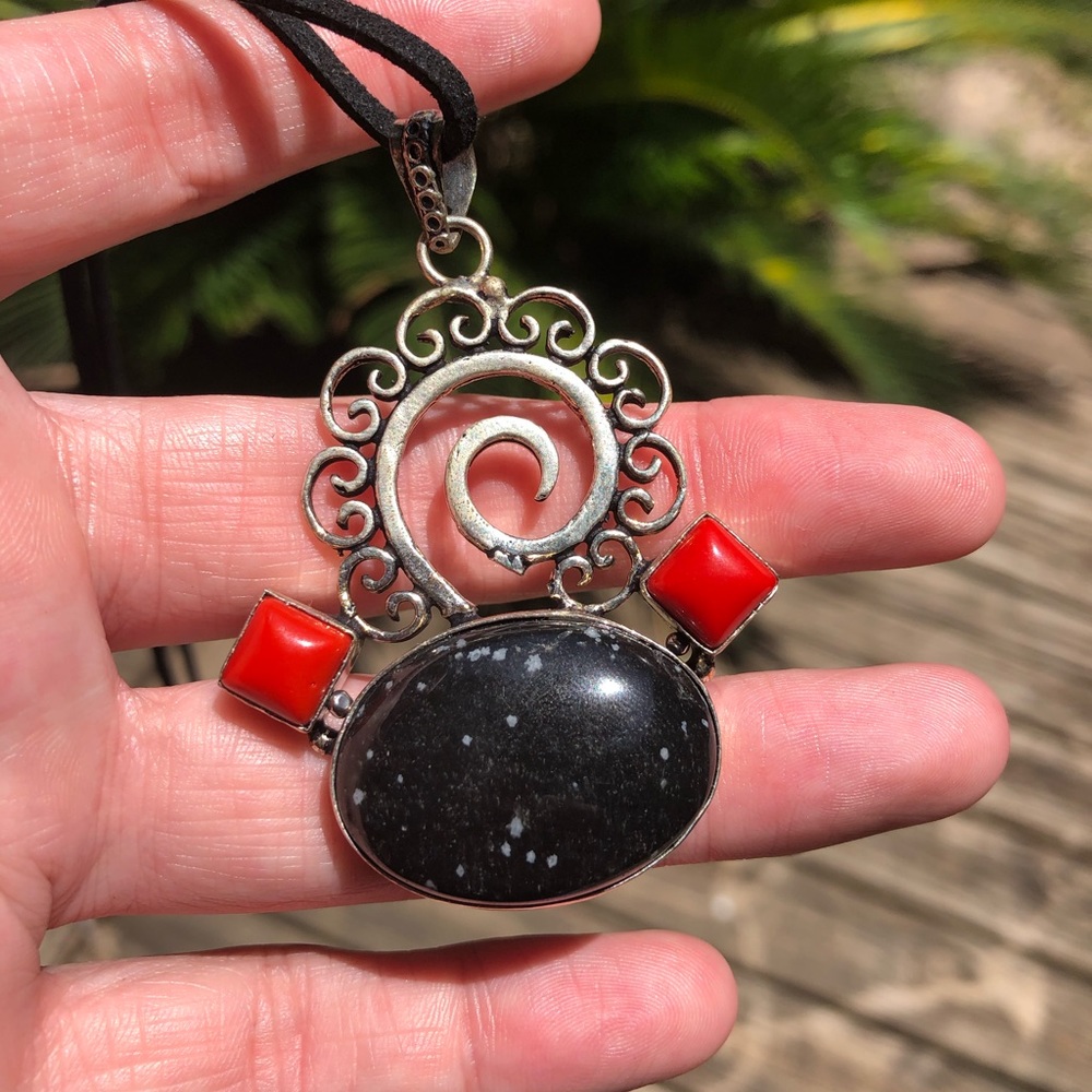 Snowflake obsidian and coral pendant necklace